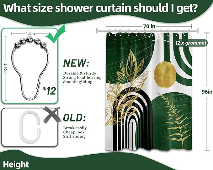 Olive Green and Gold Shower Curtain Boho Mid Century Modern Hunter Green Shower Curtains for Bathroom Decor Sets, Waterproof Cloth Fabric with Hooks 70x96in