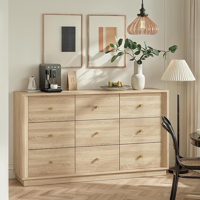 9 Drawer Dresser, Mid Century Modern Dresser with Storage, 55" Wide Chest of Drawers with Wood Grain Texture, Dressers TV Stand for Bedroom, Living Room, Hallway, White Oak