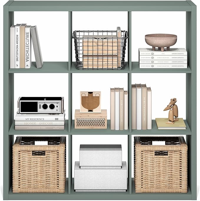 Furinno Cubicle Book Shelf, 9-Cube Bookshelf, Extra Thick Frame Reversible Bookcase with Open Back, 14.6" x 44" x 44", for Living Room, Bedroom, Home Office, Sage Green