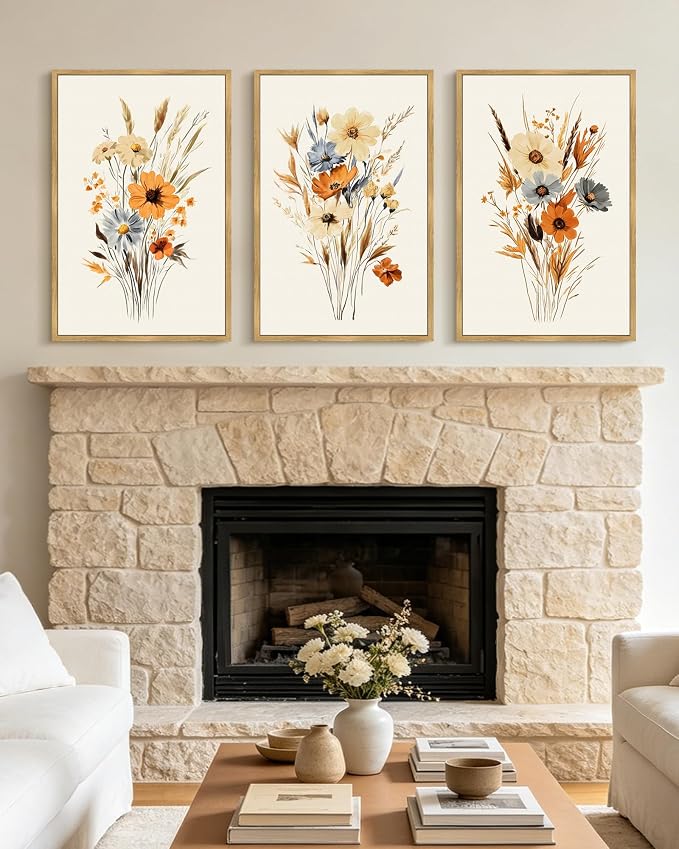 KUVIOKE Vintage Wildflower Bouquet Framed Wall Art Retro Flower Botanical Pictures Illustrations Colorful Floral Hanging Decor 16x24in (Natural Framed)