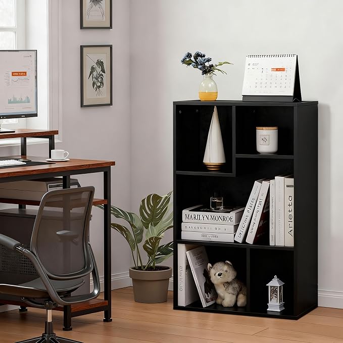VECELO 5 Cube Modern Bookcases, 3 Tier Bookshelves,31 Inch High Cubby Storage Organizer，Shelf Hight Up to 12.8 Inches Suit for Most Books,Vertical or Horizontal Use Available,Vintage Black