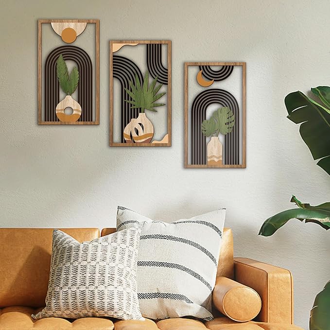 Bnesi 3 Piece Abstract Boho Wall Art Decor Minimalist Modern Wooden Wall Art Mid-Century Modern Wall Art Set of 3 Wall Decor for Living Room Bedroom Bathroom Kitchen (Boho, Medium)