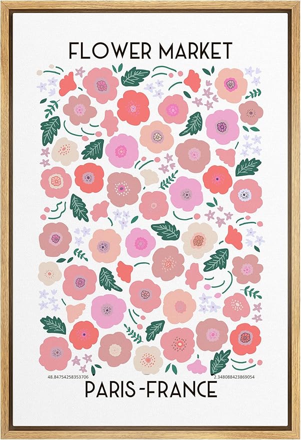 MUDECOR Framed Canvas Print Wall Art Paris France Pink, Red & Green Flower Market Floral Nature Illustrations Modern Art Chic Colorful Ultra for Living Room, Bedroom, Office - 16"x24" Natural