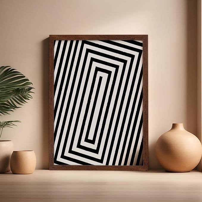 Poster Master Rectangle Tunnel Poster - Angular Swirl Print - Geometric Design - Abstract Design - Japanese Ink Art - Mid Century Modern Illustration - Living Room Decor - 16x20 Brown Framed
