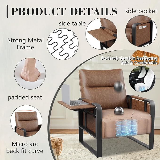Upholstered Living Room Chair Armchair Set of 2, Mid Century Faux Leather Metal Accent Chair, Reception Couch Office Guest Chair Slipper Club Lounge Single Sofa with Sidetable for Bedroom-Brown