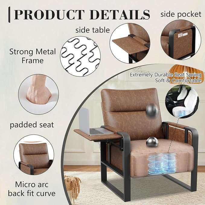 Alunaune Upholstered Living Room Chair Armchair, Mid Century Faux Leather Metal Accent Chair, Reception Couch Office Guest Chair Slipper Club Lounge Single Sofa with Sidetable for Bedroom-Brown