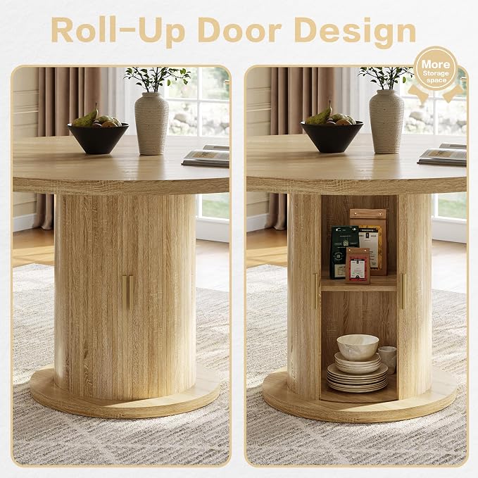 Round Dining Table for 4-6, 43.3" Modern Farmhouse Kitchen Table with Hidden Storage & Tambour Door, Japandi Style Wood Pedestal Circle Table for Small Spaces, Apartment, Dining Room, Classic Oak