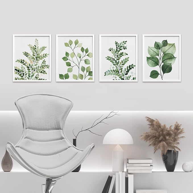 SIGNWIN Framed Green Pastel Forest Fern Leaf Wall Art, Set of 4 Collage Nature Garden Wall Decor Prints, Nature Wilderness Wall Décor for Living Room, Bedroom - 11"x14" White