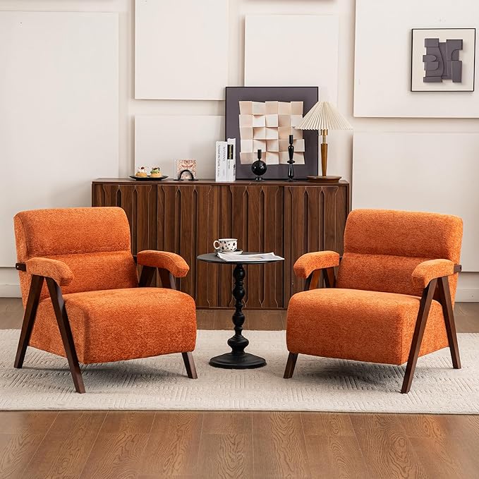 Accent Chair Set of 2 Mid Century Modern Living Room Chairs with Thick Cushion Comfy Upholstered Armchair Cozy Small Side Chairs for Reading Room Bedroom Orange