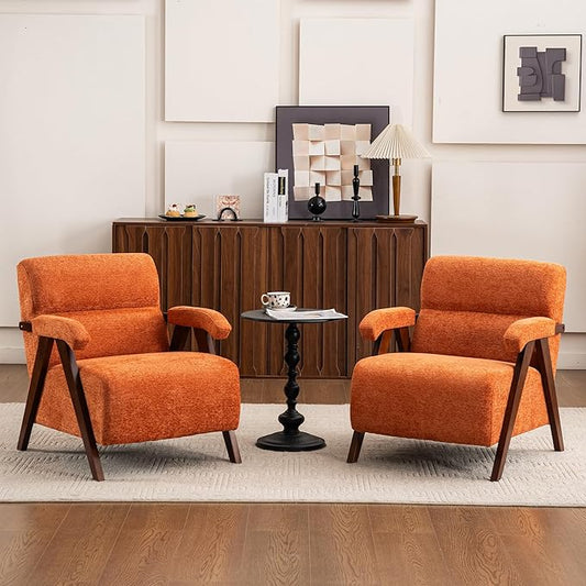 Accent Chair Set of 2 Mid Century Modern Living Room Chairs with Thick Cushion Comfy Upholstered Armchair Cozy Small Side Chairs for Reading Room Bedroom Orange