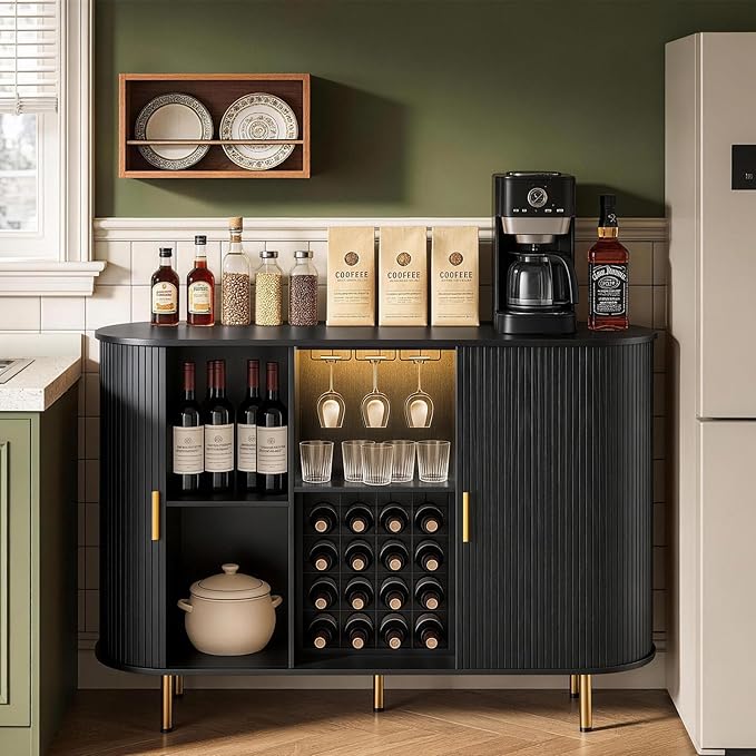 DHH 55" Wine Bar Cabinet with Storage, Fluted Liquor & Coffee Bar Cabinet with Wine Rack and Glass Holder, Buffet Sideboard with LED Lights for Home Kitchen Living Dining Room (Black)