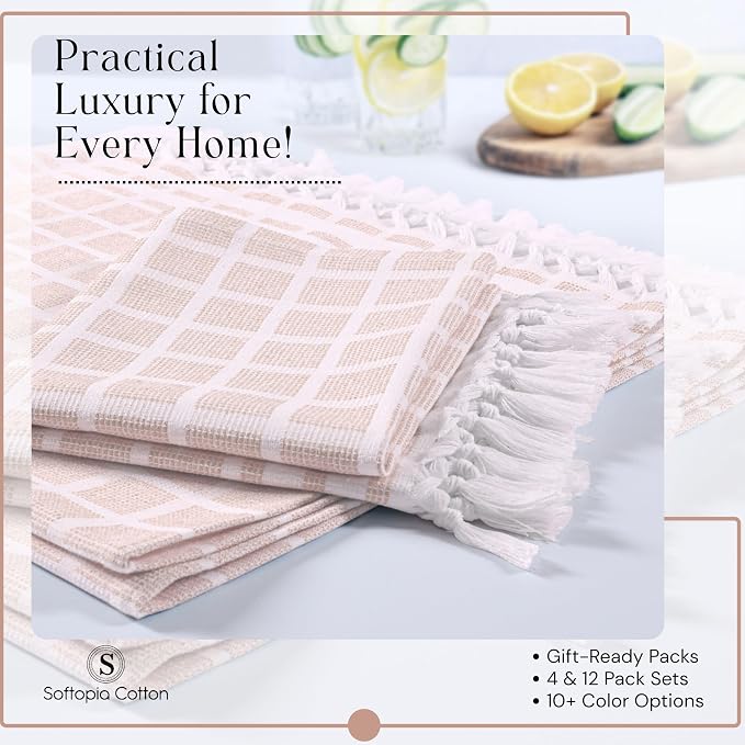 Matrix Dobby Kitchen Towels 12 Pack 100% Cotton, 16"x26", Handmade Knotted Tassel Dish Towels, Reusable & Washable Cloths for Drying, Absorbent Tea Towel for Cleaning - Beige, White