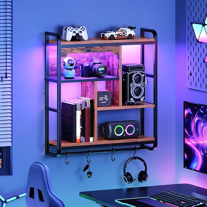 HOOBRO Gaming Floating Shelves with LED Lights, 26.4" LED Wall Mounted Shelf, Modern Corner Shelf 3-Tier Display Rack for Wall Storage, Arched Design, for Living Room, Rustic Brown and Black BF44DBJ01