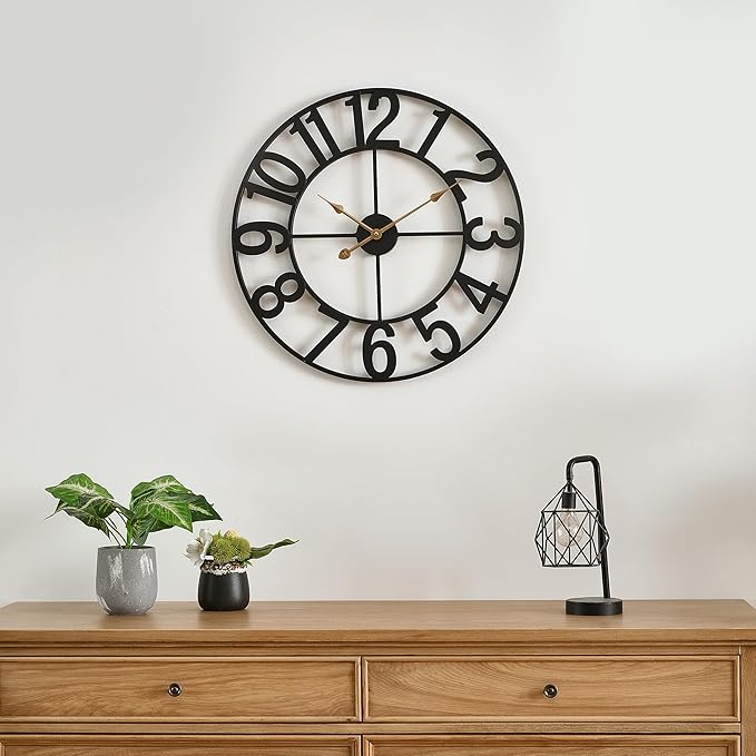 Wall Clock, 14 in Small Wall Clocks Battery Operated, Vintage Retro Mid Century Decorative Metal Clock Silent Non Ticking for Living Room Decor-Black