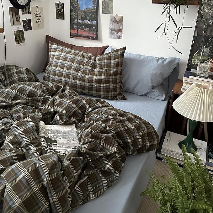 mixinni Vintage Buffalo Plaid Duvet Cover Set Full Size - 3 Piece Washed Cotton Bedding Set with Grid Pattern, Soft & Breathable Duvet Cover with Pillowcases for All Seasons,(Brown & Blue, Beige)