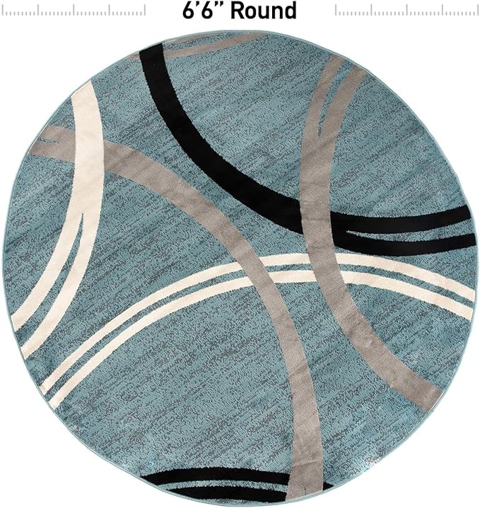 Rugshop Modern Wavy Circles Design Round Rug, Carpet with Jute Backing for Living Room, Bedroom, or Playroom, Blue, 6'6" Round