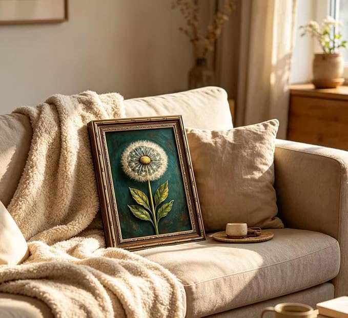 Vintage Gold Framed Dandelion Canvas Wall Art, Teal Background Botanical Oil Painting Print, Retro Moody Botanical Picture Poster， Country Farmhouse Wall Decor，for Home Living Room Bedroom，16x24in