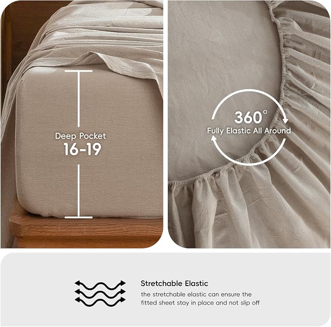 MooMee Bedding Sheet Set 100% Washed Cotton Linen Like Textured Breathable Durable Soft Comfy (Heathered Tannish Linen Grey, King)