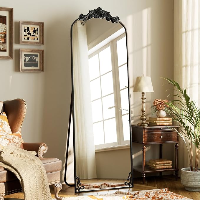 HARRITPURE Vintage Arched Full Length Mirror, 64"x21" Baroque Carved Full Body Mirrors, Large Floor Standing Mirror with Black Aluminum Frame for Bedroom, Living Room, Entryway