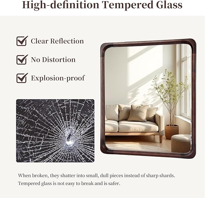 Tanmicoshomy Wood Bathroom Mirror 30 x 30 Inch, Solid Wood Framed Rectangle Mirrors with Shatter-Proof Glass for Living Room Bedroom or Entryway(Dark Brown)