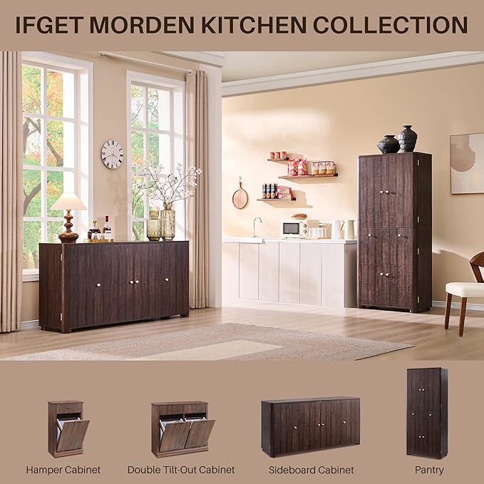 Curved Buffet Cabinet with Doors, 66" Large Sideboard Buffet Storage Cabinet with 4 Doors and Shleves, Modern Coffee Bar Station Wood Kitchen Table for Kitchen, Dining Room, Borwn