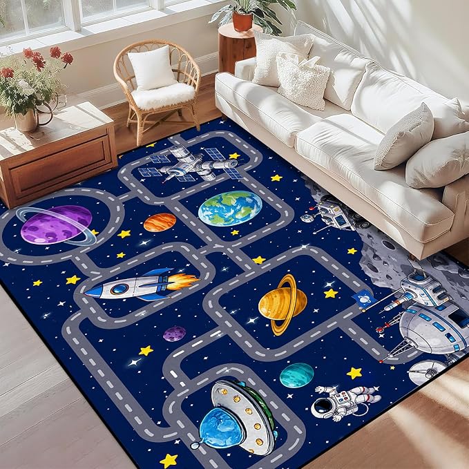 Outer Space Rug Astronaut Road Map Area Rug for Entryway Bedroom Living Room Nursery Kitchen Playroom Home Decor Washable Educational Floor Mat Galaxy Themed Carpet,2'x3'