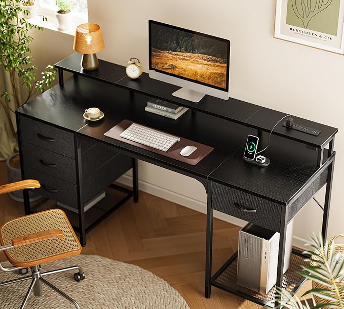 Huuger 63 inch Computer Desk with 4 Drawers, Gaming Desk with LED Lights & Power Outlets, Home Office Desk with Large Storage Space for Bedroom, Work from Home, Black