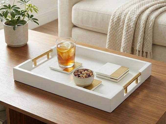 Wood Serving Tray with Gold Polished Metal Handles, Home Decorative Wooden Rectangle Ottoman Decor Platter Bathroom Vanity Tray for All Occasions, Gloss Finish, 16"x12", White