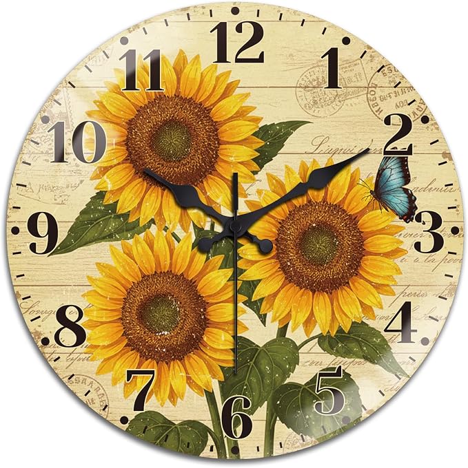 peacoblue Wall Clocks Battery Operated 12 Inch Sunflower Glass Round Wall Clock Non Ticking for Kitchen Living Room Dining Room Bedroom and Bathroom Decor Accessories (Battery not Included)