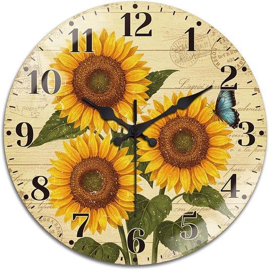 peacoblue Wall Clocks Battery Operated 12 Inch Sunflower Glass Round Wall Clock Non Ticking for Kitchen Living Room Dining Room Bedroom and Bathroom Decor Accessories (Battery not Included)