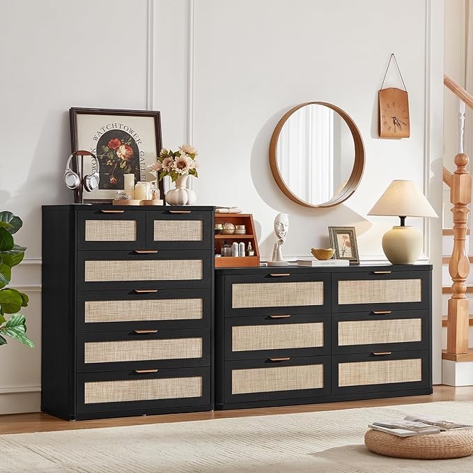LEYAOYAO Rattan Dresser for Bedroom, 42" Tall Chest of Drawers, Modern 6 Drawers Boho Dressers with Storage, Light Oak Dresser Wooden Closet Organizer for Living Room, Hallway, Black