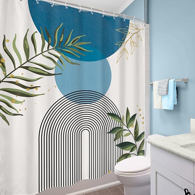 Blue Boho Modern Shower Curtain Mid Century Abstract Gold Green Leaves Sun Arch Minimalist Geometric Aesthetic Plant 60Wx72H Bathroom Decor Neutral Bath Curtain Fabric Polyester 12 Pack Hooks