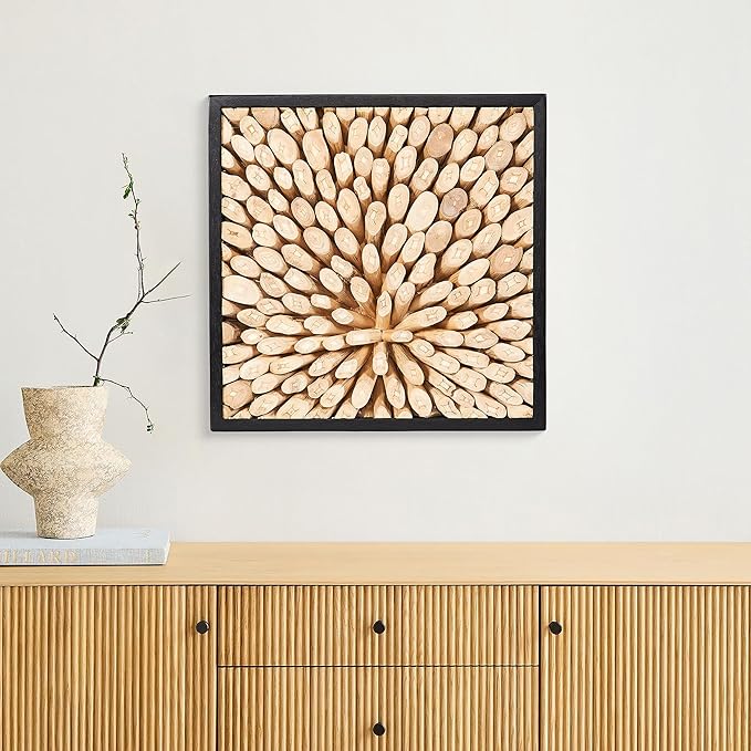Warmaxx Rustic Teak Wood Framed Wall Decor 17''x17 Farmhouse Wall Art Aesthetic Christmas Decoration Home Living Room Bedroom Office Handmade Square Wooden Branch Collage Section