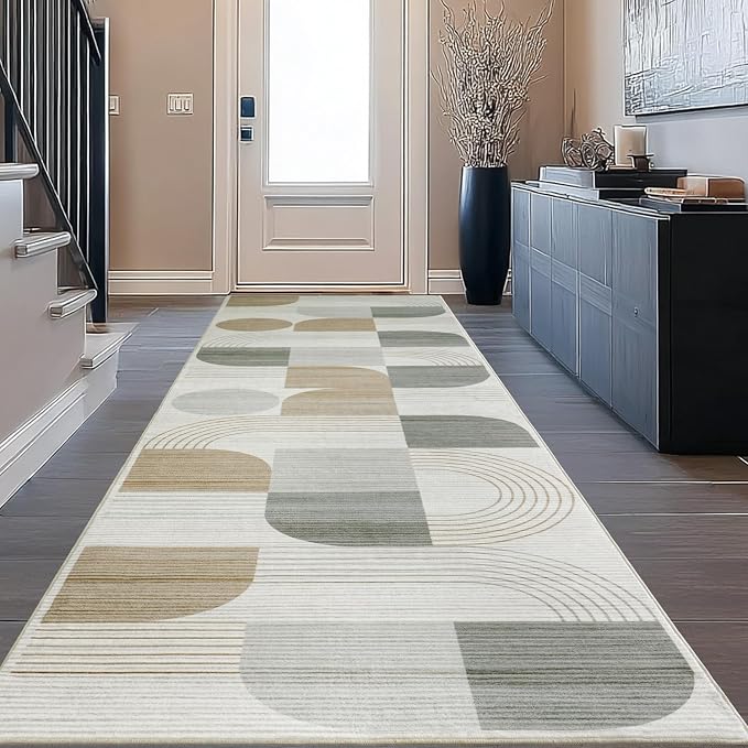 Machine Washable 2.7x8 Runner Rug, Soft Modern Geometric Abstract Beige Rugs for Bedroom Living Room, Non-Shedding Faux Wool Indoor Throw Floor Carpet for Office Entryway Dining Room Decor