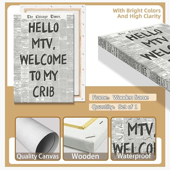 Drimiler Hello Mtv Welcome To My Crib Poster Vintage Black And White Newspaper Canvas Wall Art Positive Affirming 70'S Room Aesthetic Prints Painting For Home Bedroom Dorm Wall Decor 12x16in Wframed