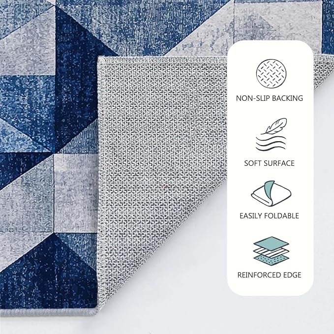 9x12 Navy Blue Area Rug Modern Geometric Blue White Beige Bedroom Rug Soft Low Pile Thin Large Carpet Living Room Non Slip Dining Room Stain Resistant Office Washable Machine
