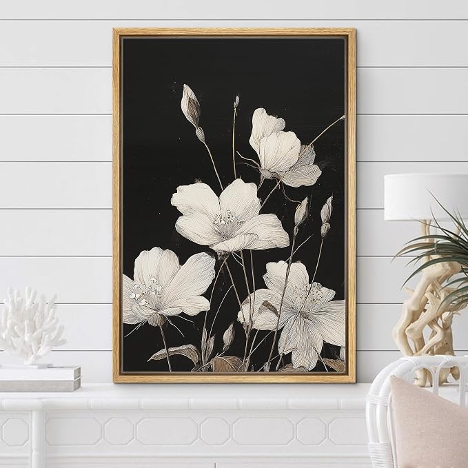 Woodrose Framed Canvas Print Wall Art Delicate White Flowers Elegant Botanical Line Illustrations Modern Art Minimalist 3D Colorful Ultra for Living Room, Bedroom, Office - 24"x36" NATURAL