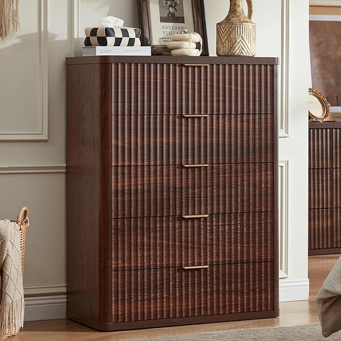 LEYAOYAO Fluted 5 Drawers Dresser for Bedroom, 41" Tall Modern Chest of Drawers with Metal Handle, Curved Profile Farmhouse Closet Organizer Wood Dressers TV Stand for Living Room, Hallway, Walnut
