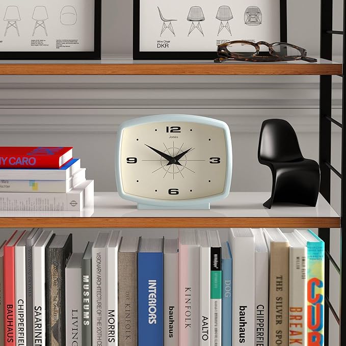 JONES CLOCKS® Film Desk Clock | Retro Rectangular Design | Pale Blue | Retro Design, Blending mid-Century Style with a Punchy Modern Finish for Shelf, Table, Mantel or Bedside