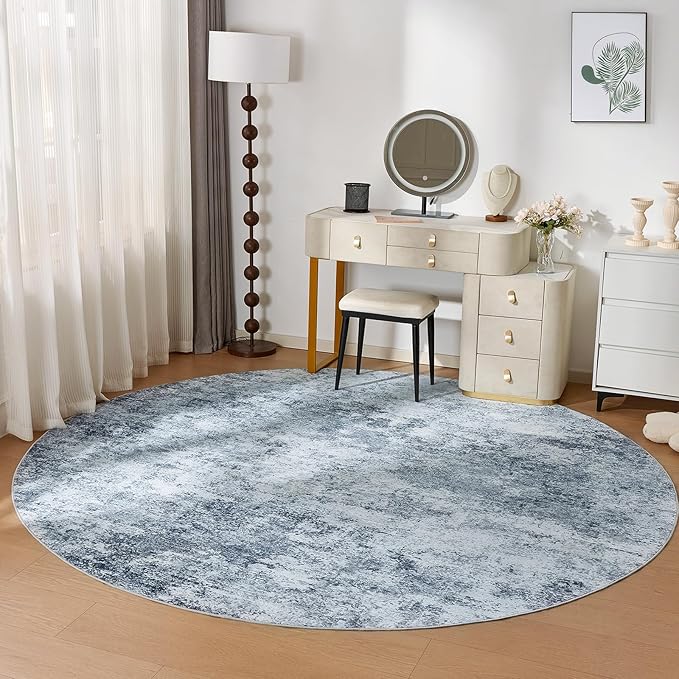 WITSHOCK 8ft Round Area Rug for Living Room: 8x8 Washable Neutral Modern Abstract Soft Thin Rug Indoor Floor No Slip Rug Carpet for Bedroom Under Dining Table Home Office Decor (Blue)