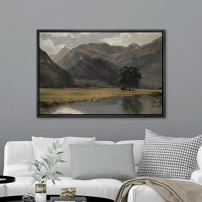 MUDECOR Framed Canvas Print Wall Art Rustic Country Mountain Range Landscape Nature Wilderness Antique Retro Fine Art Shapes Illustrations Decorative Colorful Multicolor for Bedroom - 16"x24" Black