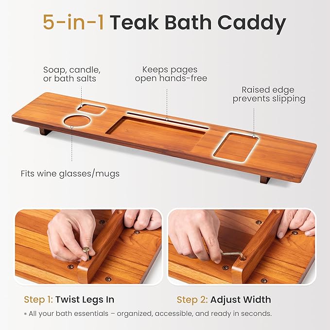 Teak Wood Bathtub Tray Caddy, 39 Inch Adjustable Bath Tub Tray for Freestanding Tubs, with Non-Slip Phone & Wine Glass Holder, Book Stand for Relaxing Bath