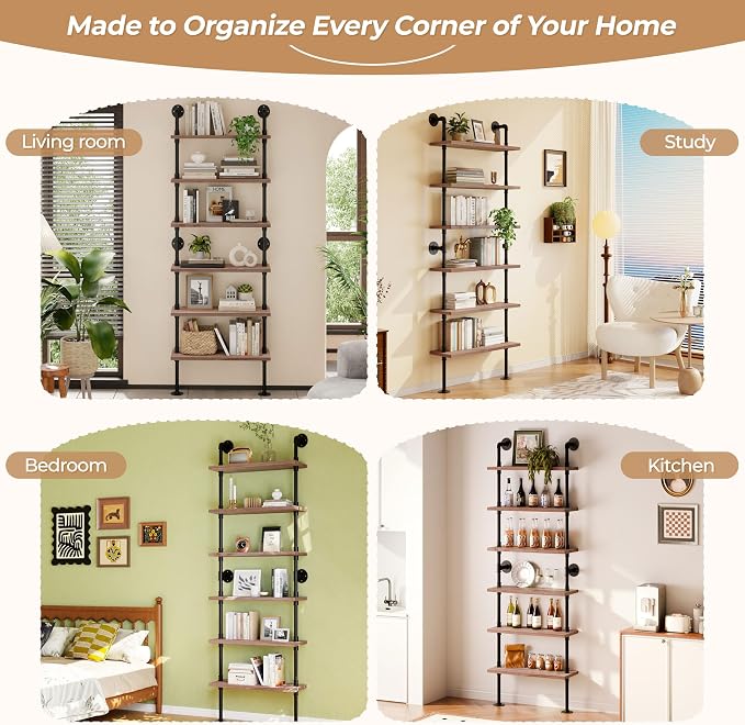 Pipe Industrial Shelves, Wall Mounted Wood Metal Ladder Rustic Bookshelf (Weathered Brown, 6 Tier - 10" D x 30" W x 82.5" H)