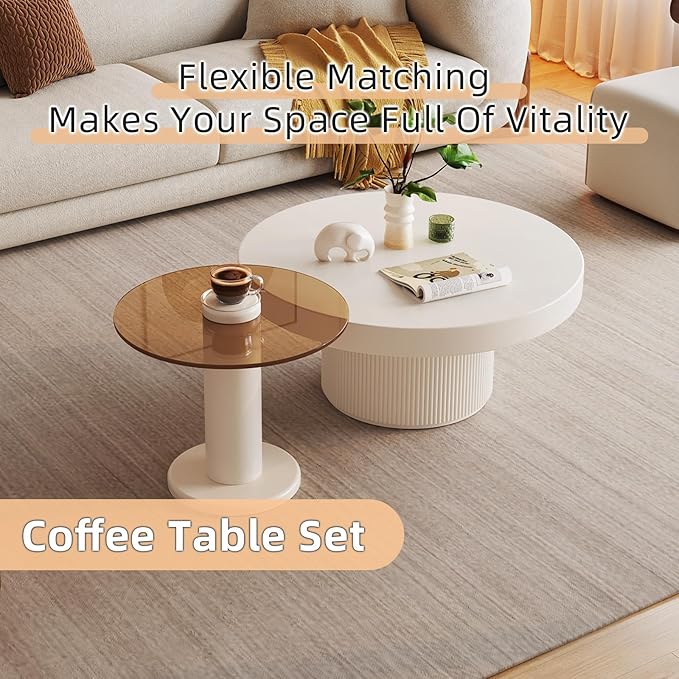 Guyii Round Nested Coffee Table Set, Creamy White Coffee Table and Tempered Glass Side Table Set, 2 in 1 Modern Nesting Coffee Table, End Table for Living Room, Bedroom, Small Spaces