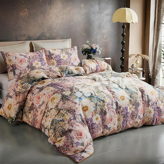 100% Cotton Duvet Cover Queen Size – Romantic Garden Impressionist Floral Duvet Cover Set with Zipper Closure, 3-Piece Luxury & Soft Bedding Set for All Seasons