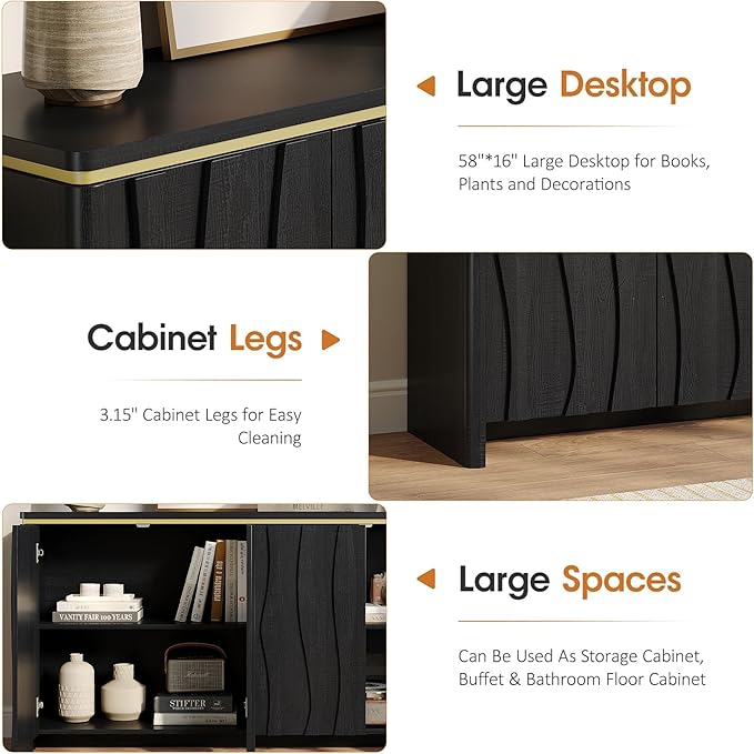 Vabches Fluted Buffet Cabinet with Storage, 3D Ripple Pattern Doors and Curved Edges, Modern Sideboard for Kitchen, Entryway, 4 Doors & Adjustable Shelf, Black, 57.9" W