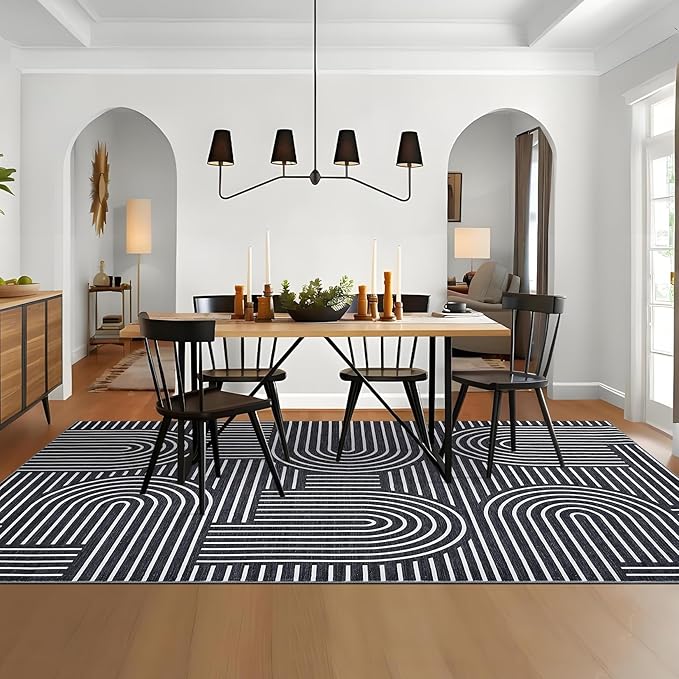 Washable Rug 10x13 Area Rugs for Living Room, Abstract Rug for Bedroom, Soft Rainbow Rugs with Rubber Back, Low Pile Stain Resistant Boho Geometric Rug for Dining Room, Black