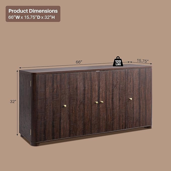 Curved Buffet Cabinet with Doors, 66" Large Sideboard Buffet Storage Cabinet with 4 Doors and Shleves, Modern Coffee Bar Station Wood Kitchen Table for Kitchen, Dining Room, Borwn