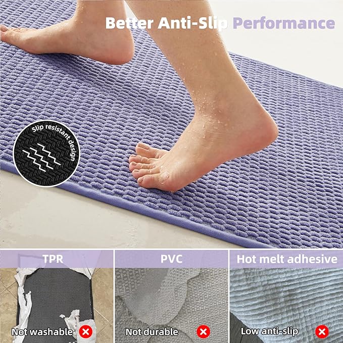 Bathroom Runner Rugs, Long Bath Mat Runner Washable Thin Quick Dry Low Pile Bathroom Runner Rugs Non Slip, Lavender 16"x60"
