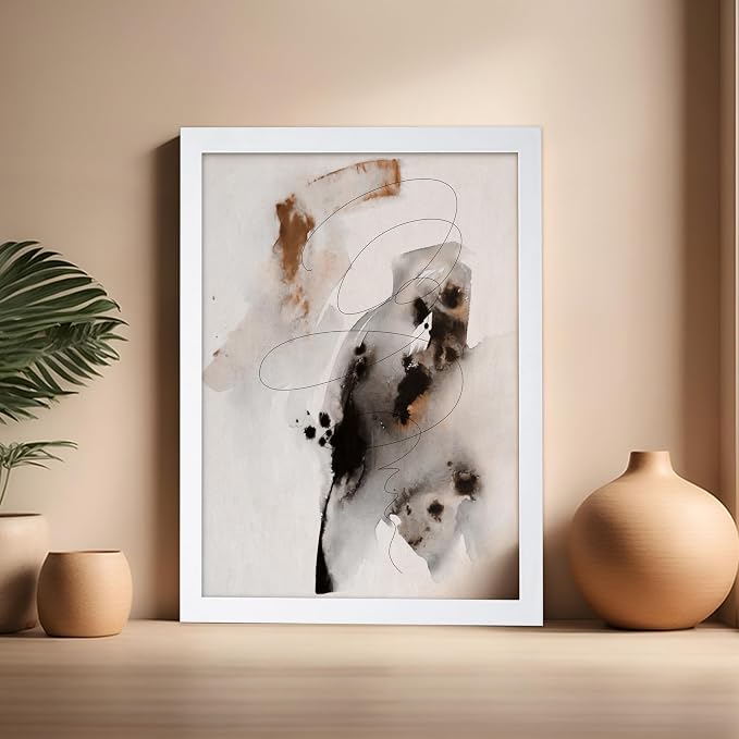 Poster Master Ink Wash Painting Poster - Line on Ink Wash Print - Ink Brush Art - Abstract Illustration - Line Design - Bedroom or Living Room Wall Decor - 16x20 White Framed